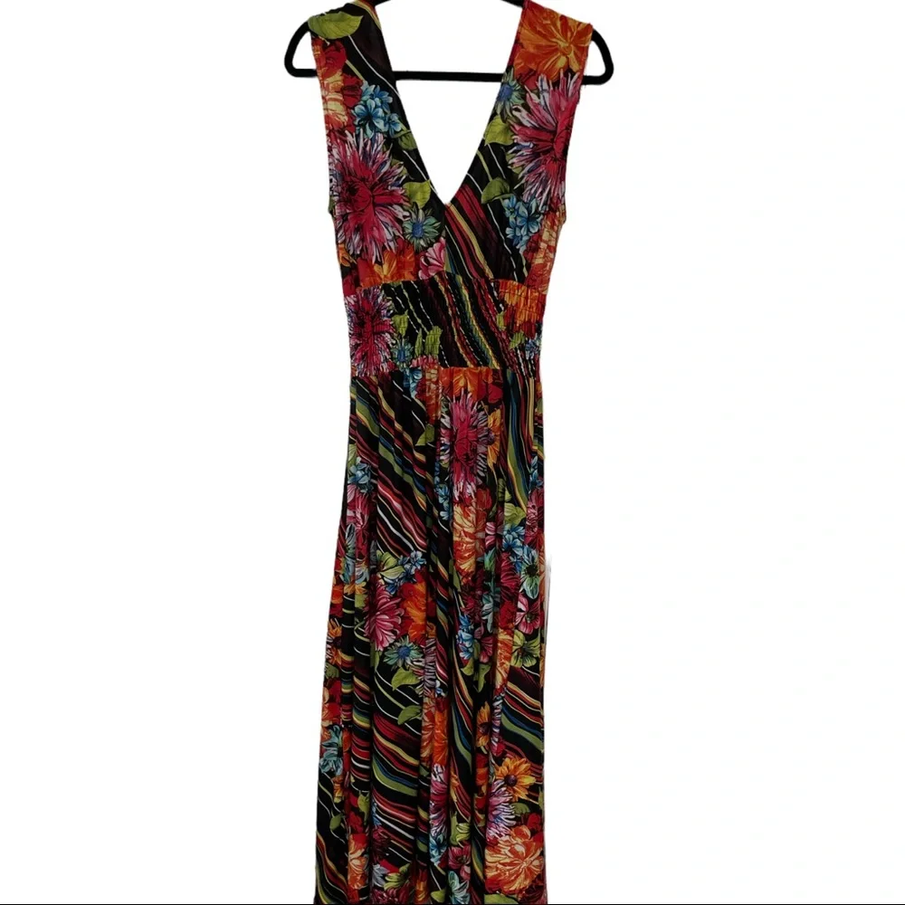 Just Love Sleeveless Wide Shoulder Straps w/ Ties, V-neck Floral Maxi Dress - Picture 2 of 6